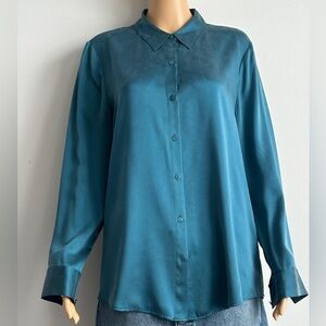 New Eileen Fisher Teal Green Button Down Shirt Medium 100% Silk